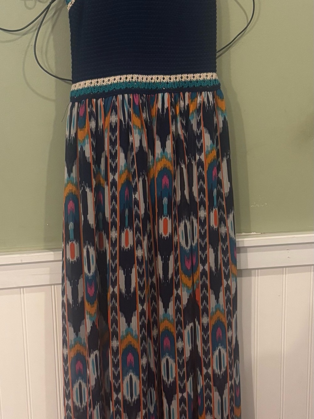 Xhilaration Navy Maxi Dress with Teal, Pink & Mustard Ikat Print